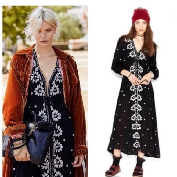 Free People Embroidered Floral Boho Fable Gauzy Midi Maxi Dress - Picture 8 of 9